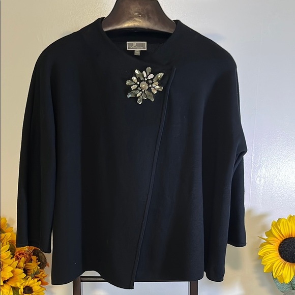 JM Collection Black Cardigan with Rhinestone Brooch - Picture 1 of 7